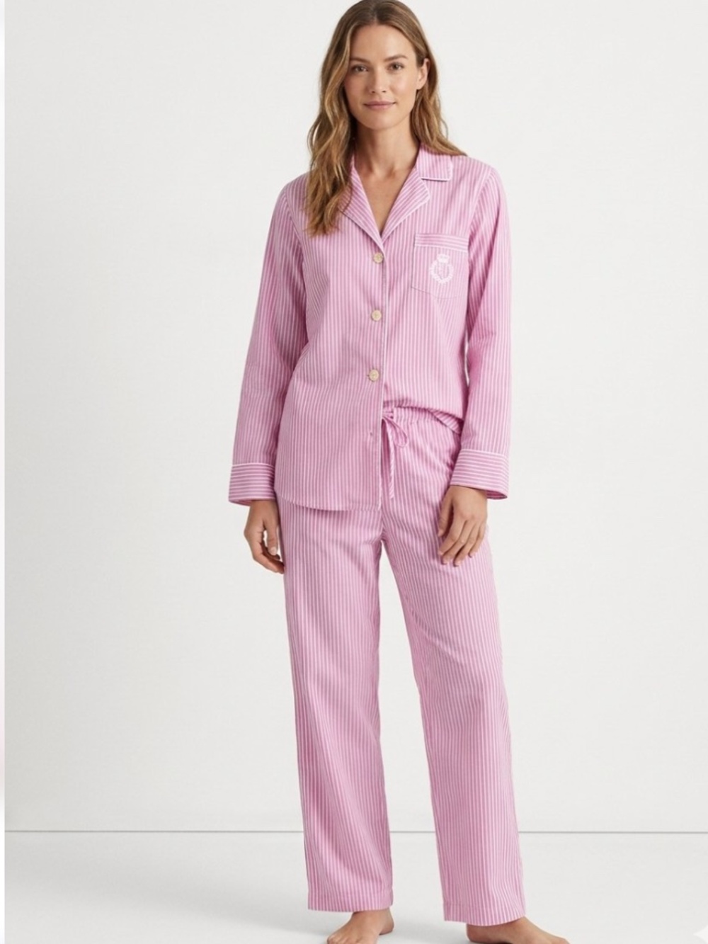 Lauren Ralph Lauren Pink & White Striped Cotton Pajama Set Size Large